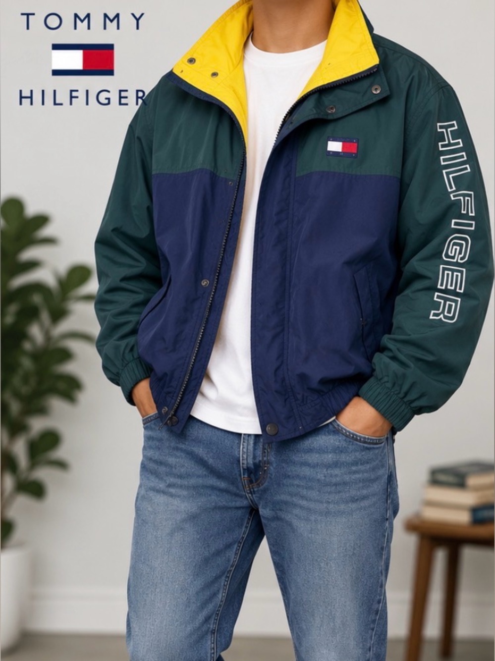 90s Vintage Tommy Hilfiger Colorblock Windbreaker Jacket Green Navy Yellow XL